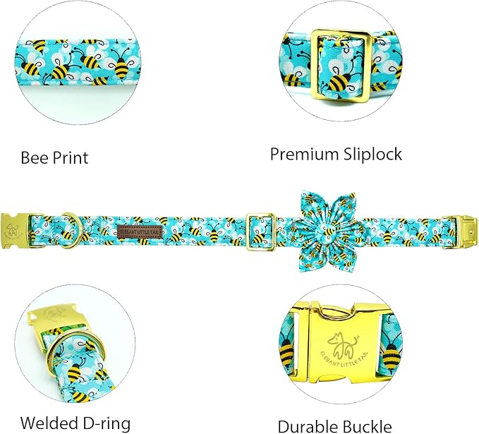 Elegant little tail Dog Collar with Flower, Flower Girl Dog Collar for Female Dogs Blue Bee Pet Collar Gift Adjustable Dog Collars with Flowers for Small Medium Large Dogs