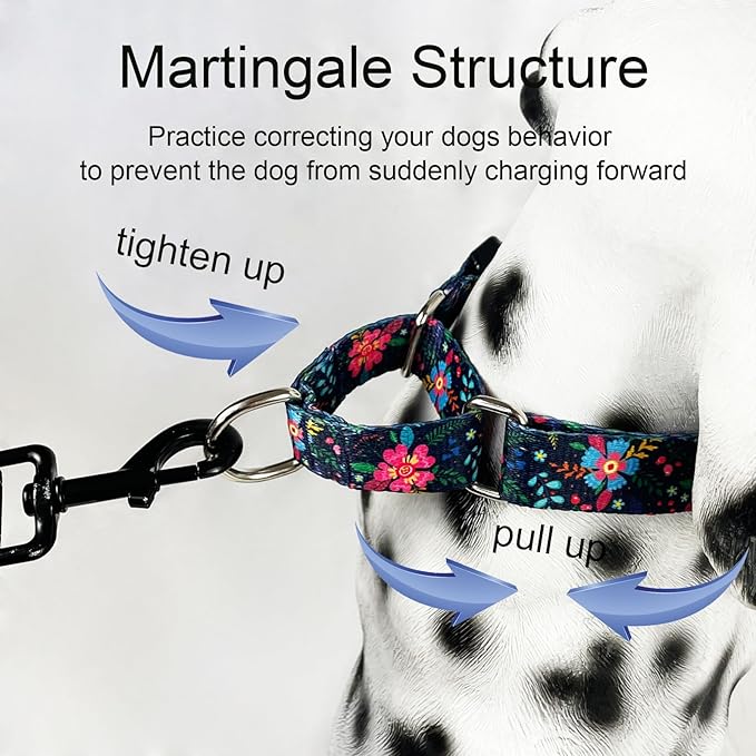 Slip Collar for Dogs Martingale Collar with Buckle Floral Adjustable Soft Nylon Dog Collars (Blue Pink Flower, Large)