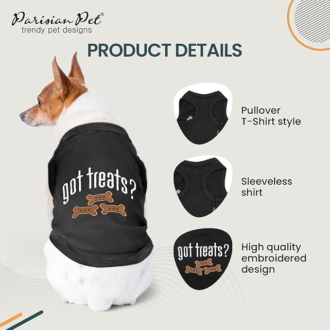 Parisian Pet Dog Tshirt - Embroidered “ Got Treats? “ Dog Shirt - 100% Cotton and Lightweight Dog Clothes - Sleeveless Black Dog Tee Shirts - Machine Washable Dog Shirts for Medium Dogs - M