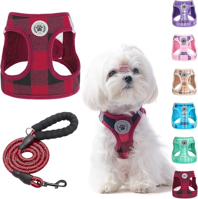 BEAUTYZOO Small Dog Harness and Leash Set,Step in No Choke No Pull Soft Mesh Dog Harnesses Reflective for Extra-Small/Small Medium Puppy Dogs and Cats, Plaid Dog Vest Harness for XS S Pets, Red, XXS