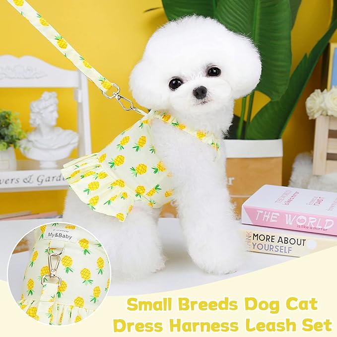 Dog Dress, XXL Fruit Print, Cotton, for Small Dogs & Cats, Princess Birthday, Harness & Leash Set, Yellow Pineapple