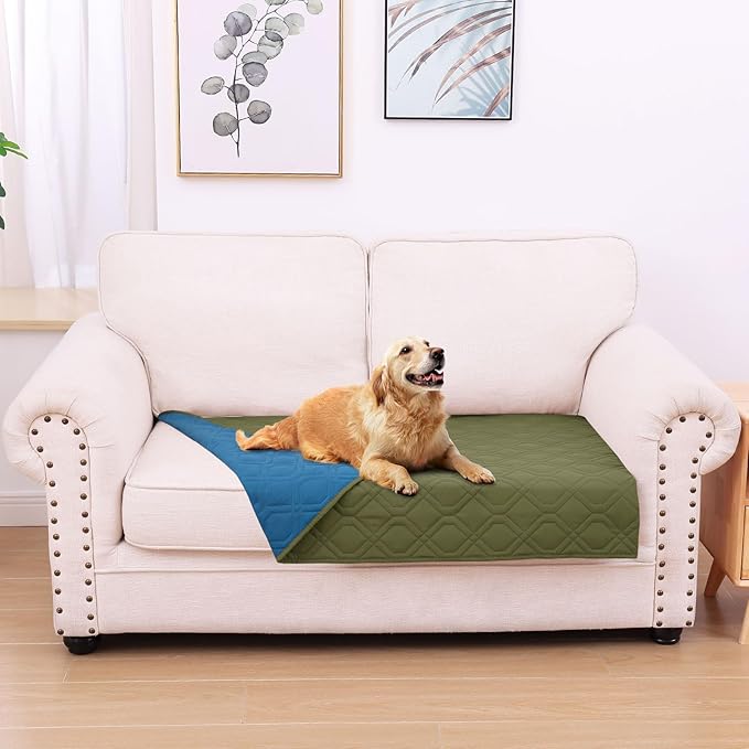 hyha Waterproof Dog Bed Blanket, Soft Pet Blankets, Waterproof Couch Cover for Dogs, Reversible Sofa Covers Washable for Furniture (30x53 Inch, Green/Navy Blue)