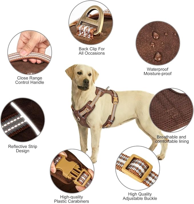 Beirui Dog Harness Medium Sized Dog, Stylish Oxford Leather Pet Vest with 2 Leash Clips, Adjustable Reflective Soft Padded No Pull Harness with Easy Control Handle for Walking, Chest 26-33"