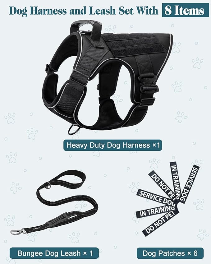 Reflective Service Dog in Training Vest Harness Leash Set for Extra Large Dogs, Adjustable Heavy Duty Black Padded Dog Harness, with Front Clip and Metal Buckles Do Not Pet for Training, Hiking