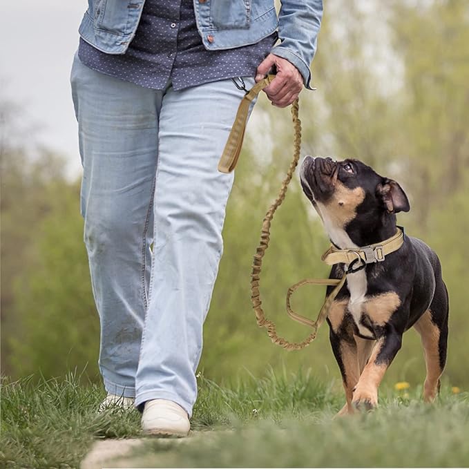 KCUCOP Tactical Dog Collar, Heavy Duty Dog Collar with Handle and Metal Buckle, Military Thick Dog Collars for Medium and Large Dogs(Brown-Reflective Set-L, 1 Patch)
