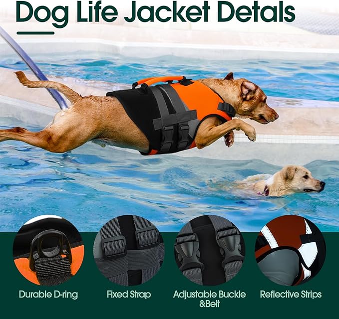 Kuoser Dog Life Jacket, High Flotation Dog Life Vest for Swimming Boating, Reflective Dogs Swimsuit Lifejacke with Double Rescue Handle, Superior Buoyancy Dogs Swimming Vest for Medium Dogs Yellow, M