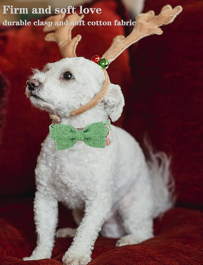 DOGWONG Hemp Cotton Dog Collar with Bow Green Pet Collar Durable Adjustable Puppy Collar for Small Medium Large Dogs