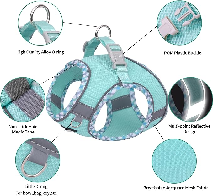 AIITLE Small Dog Harness - Breathable Double-Layer Jacquard No-Choke Vest, Durable Anti-Tear Fabric with Reflective Trim - Perfect for Running, Parties, Daily Walks (Turquoise, XS)