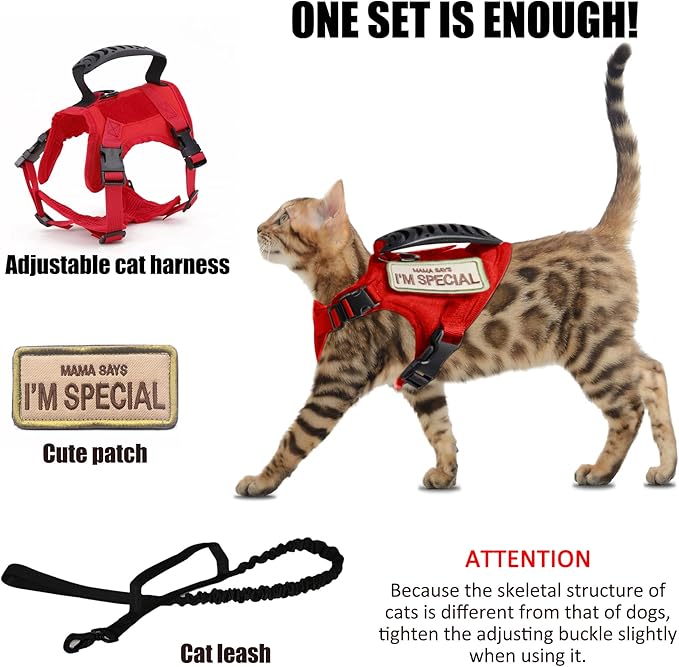 Tactical Cat Harness for Walking Escape Proof, Adjustable Pet Vest Harness, Soft Mesh with Control Handle for Large Cat Small Dog, Gift with Patch