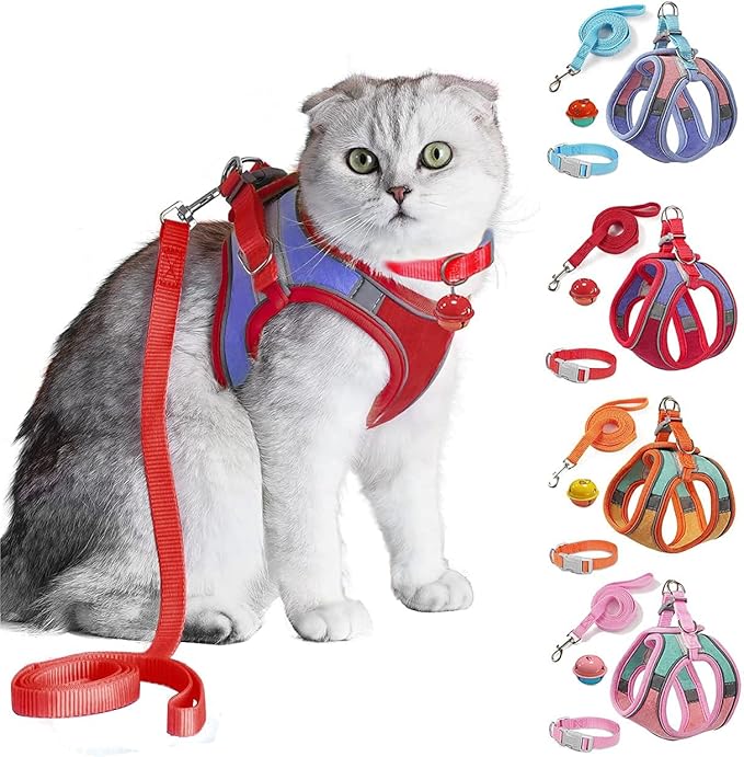 JSXD Cat Harness,Leash and Collar Set,Escape Proof Kitten Vest Harness for Walking,Easy Control Night Safe Pet Harness with Reflective Strap and Bell for Small Large Kitten,Fit for Puppy,Rabbit
