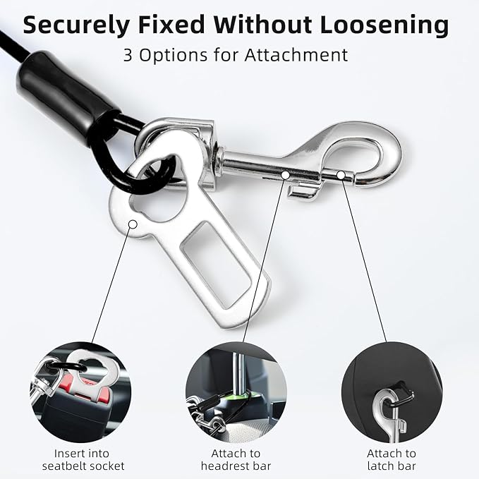 Dog Seat Belt for Car, 24" Chew-Proof Coated Wire Dog Car Leash Seat Belt, Dog Leash with Buckles and Latch, Safety Harness for Small, Medium, Large Dog or Cat, Travel, Black, 2 Pack