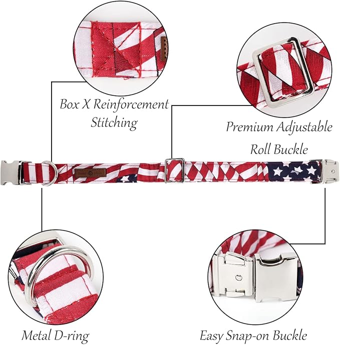 Lionet Paws Patriotic Female Dog Collar with Flower, 4th of July, Soft and Comfortable Adjustable American Flag Collar for Dogs, Small, Neck 10-16 inches