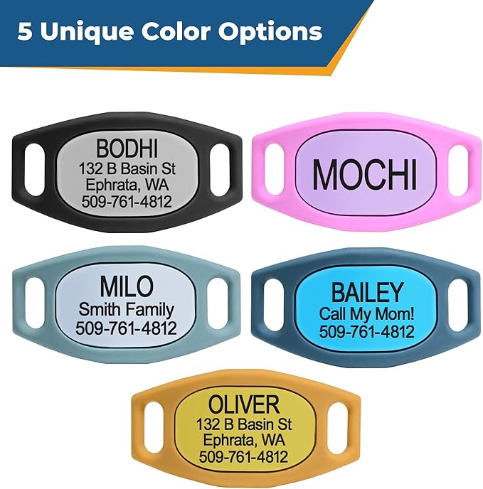 GoTags Silicone Slide On Pet ID Tag, Personalized Engraved Colorful Collar Slide Dog Tag Nameplate for Pets, No Noise Quiet Dog Tags Small Medium Large in 5 Colors