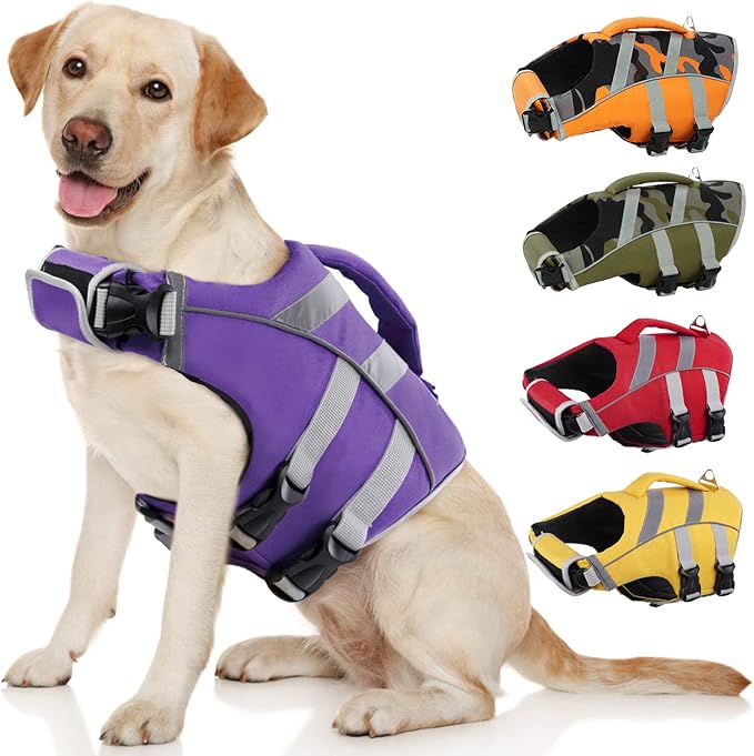 Kuoser Life Jacket with Reflective Stripes, Adjustable High Visibility Dog Vest Ripstop Lifesaver Pet Life Preserver for Small Medium and Large Dogs