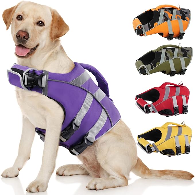 Kuoser Dog Life Jacket with Reflective Stripes - Adjustable High Visibility Vest, Ripstop Lifesaver, Pet Preserver with High Flotation Swimsuit for Small, Medium and Large Dogs