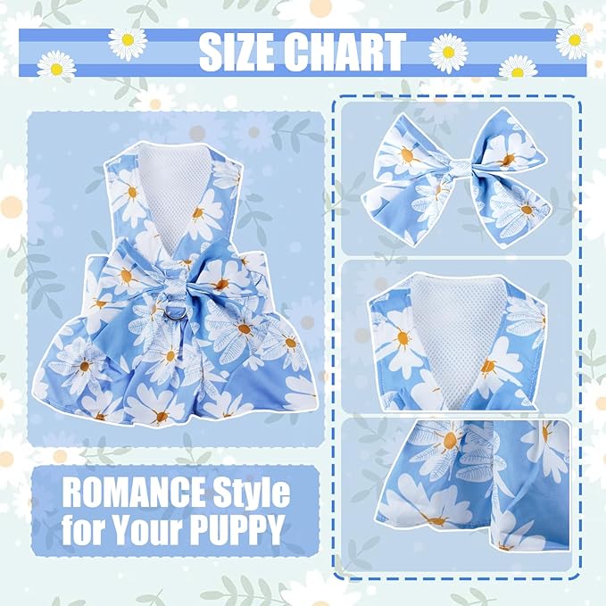 Dog Dress Bowknot Harness Leash Set for Small Girl Dogs Blue Daisy Floral Dog Cat Clothes Cute Puppy Outfits Pet Clothes Spring Summer Breathable Dresses(Small)