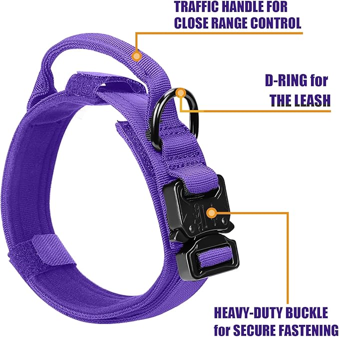Tactical Dog Collar and Bungee Leash,Military Dog Collar & Leash Set with USA American Flag Adjustable K9 Collar with Heavy Duty Metal Buckle & Handle,with Patches and Airtags Case (Purple, M)