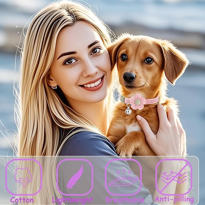 Small Dog Collar with Flower, Puppy Collars for Litter, XS Dog Collars for Small Dogs with Bell for Girl Boy Little Dog (Pink)