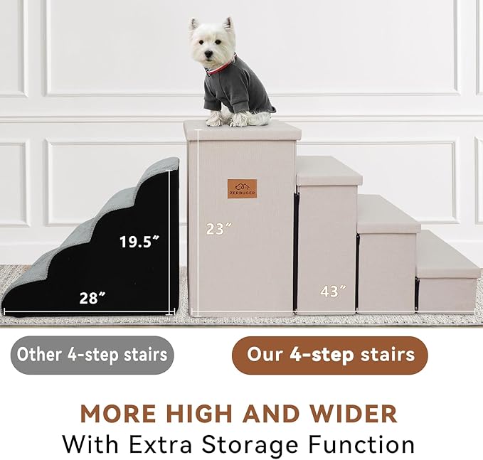 Dog Stairs with Storage 23" H, 4-Step Wider Dog Steps for High Beds Window, Folding Sturdy Pet Stairs Gift for Small/Medium/Large Old Dogs Cat, Ramp for Climbing Car Up to 200 lbs, Beige Gray