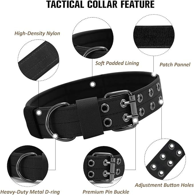 Tactical Dog Collar Military Adjustable Dog Collars Soft Nylon K9 Training Collar with Patch Heavy Duty Metal Buckle Collars for Medium Large Dogs (Black-1, XL)