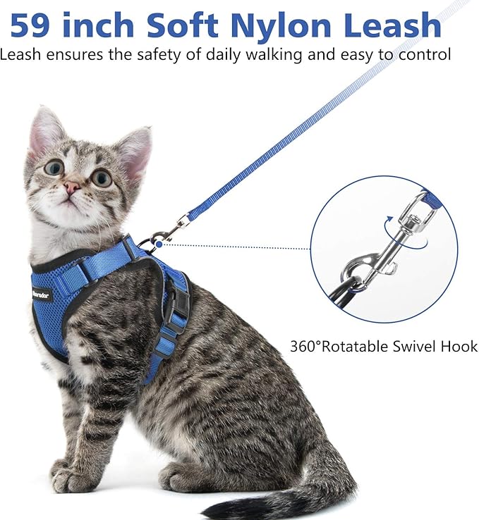 Dooradar Cat Harness and Leash Set, Escape Proof Safe Adjustable Kitten Vest Harnesses for Walking, Easy Control Soft Breathable Mesh Jacket with Reflective Strips for Cats, Blue, S