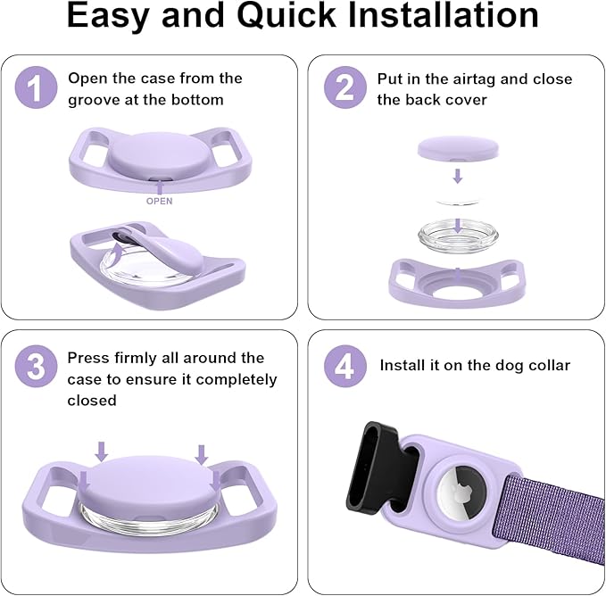 SANKALA Airtag Dog Collar Holder, [2 Pack] Waterproof Dog Airtag Holder, Silicone Full Body Covered Anti-Lost Protective Apple Air Tag Holder for Pet Collar - Fits All Width Collars, Purple