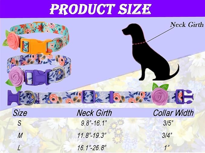 2 Pack Spring Dog Collar for Small Dogs, Quick Release Floral Dog Collar Girl with Flower Bow