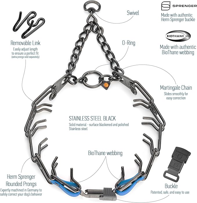 Herm Sprenger Black Stainless Steel Dog Collar with Quick Release ClicLock Buckle and Biothane Insert Training Collar Made in Germany (Cerulean Blue, 25in x 4.0mm(Neck Size up to21-22in))