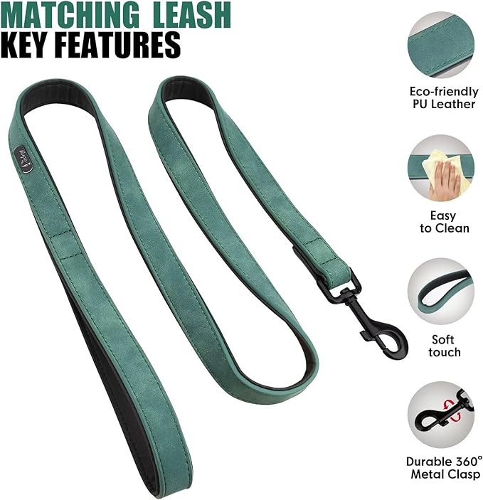 Didog Soft Padded Leather Dog Collar and Leash Set, Heavy Duty Dog Lead and Collar Set with Metal Buckle, Breathable Pet Collars with 4FT Leather Leash for Small Medium Dogs, Green, M