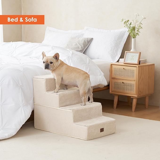 EHEYCIGA Dog Stairs for Bed 20”H, 4-Step Extra Wide Dog Steps for High Bed, Pet Steps for Small Dogs and Cats, Non-Slip Balanced Pet Ramp, Beige