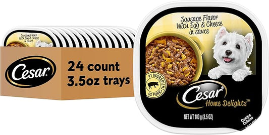 Cesar Home Delights Adult Soft Wet Dog Food Sausage Flavor with Egg and Cheese in Gravy, 3.5 oz. (24 Count, Pack of 1)