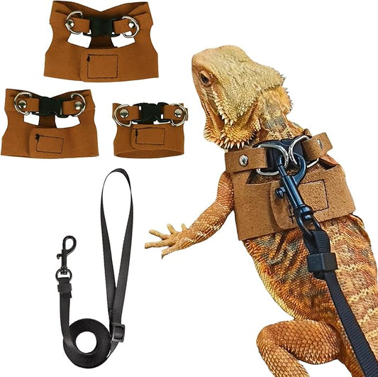 ADOGGYGO Bearded Dragon Harness Leash Set- 3 Size Pack Lizard Harness, Lizard Reptile Walking Leash for Bearded Dragon Reptiles (Brown)