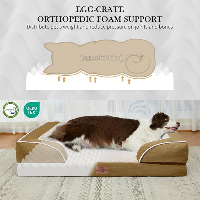 Comfort Expression Large Dog Beds Waterproof Orthopedic Foam Dog Sofa Beds Comfy Pet Bed with Washable Removable Cover & Non-Slip Bottom(Large,Khaki)
