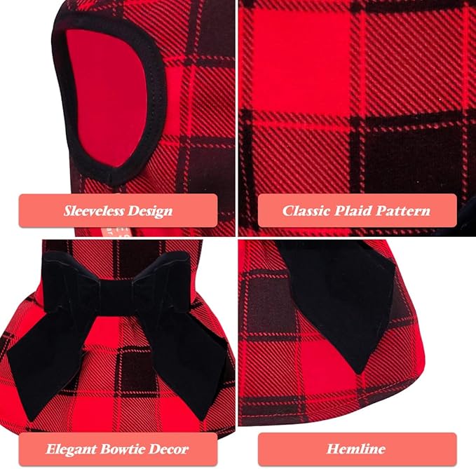 KYEESE Christmas Dog Dress Red Buffalo Check Dog Dresses with Bowtie for Small Medium Dog Dress