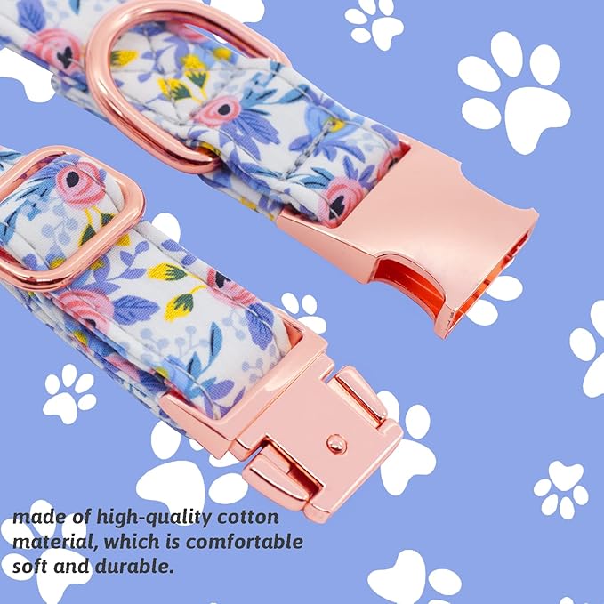 Dog Collar and Leash Set Girls Adjustable Puppy Collars with Floral Bow Tie for Small Medium Large Female Dogs, Blue Flower, L