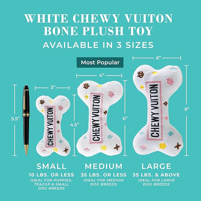 Haute Diggity Dog White Chewy Vuiton Bone, Plush Designer Dog Toys with Interactive Squeaker, Stimulating Pet Enrichment, Machine-Washable & Safe Materials for All Breeds, Size Small