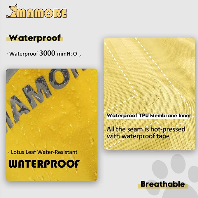 MAMORE Dog Raincoat Hooded Rain Jacket for Small Medium Large Dogs Slicker Poncho Bottom Waterproof Adjustable Reflective Breathable Leash Hole (Yellow, Large)