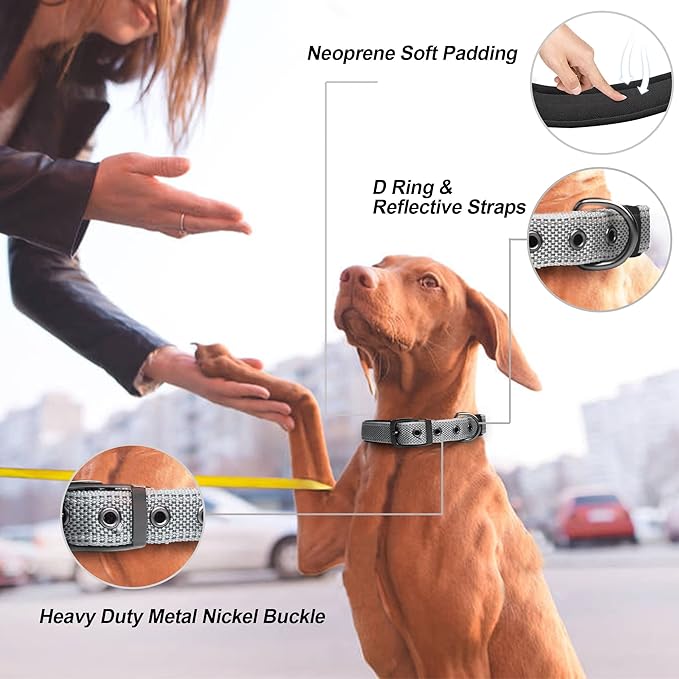 PetiFine Neoprene Padded Dog Collar, Heavy Duty Comfort Dog Collar with Durable Metal Buckle, Reflective Adjustable Belt Buckle Dog Collars for Small Medium Large Dogs(24''-28'', Grey)