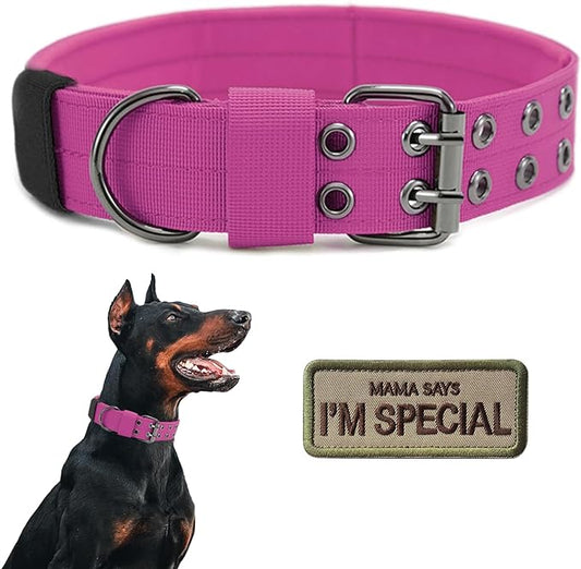 Tactical Dog Collar Military Adjustable Dog Collars Soft Nylon K9 Training Collar with Patch Heavy Duty Metal Buckle Collars for Medium Large Dogs (Pink, XL)
