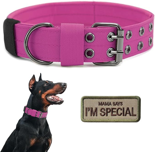 Tactical Dog Collar Military Adjustable Dog Collars Soft Nylon K9 Training Collar with Patch Heavy Duty Metal Buckle Collars for Medium Large Dogs (Pink, L)