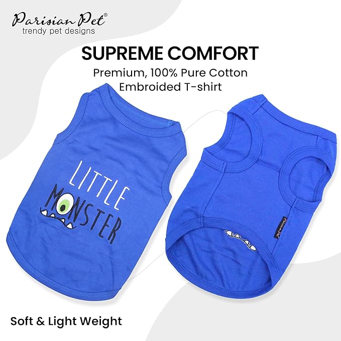 Parisian Pet Dog Tshirt - Embroidered “ Little Monster “ Boy Dogs Apparel - Pure Cotton and Lightweight Dog Clothes - Sleeveless Blue Doggy Tee Shirts - Machine Washable Shirts for Small Dogs - XS