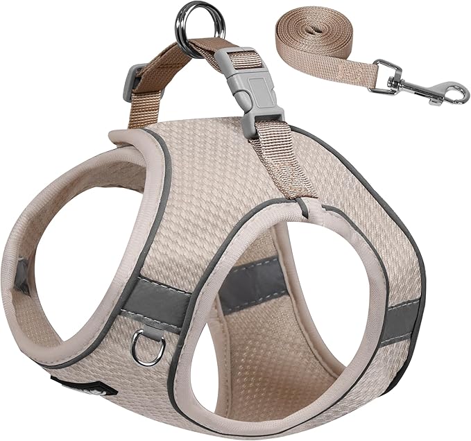 AIITLE Small Dog Harness, No-Pull Cat Harness with a Leash, Step in Adjustable Puppy Harness with Quick-Release Buckle, Reflective Outdoor Pet Vest for Extra Small Dogs and House Cats Beige XXS