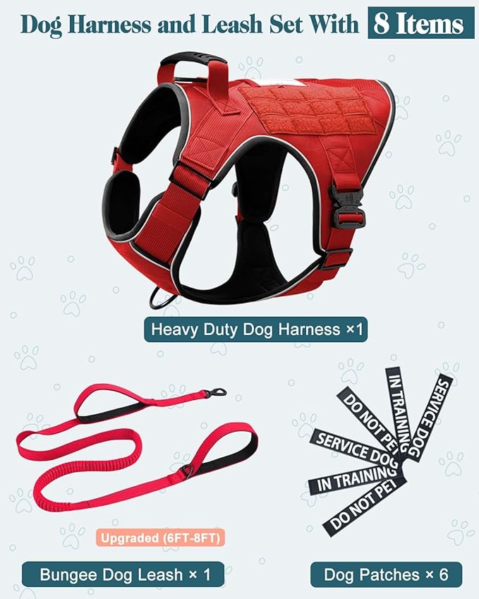 Reflective Red Service Dog in Training Vest Harness Leash Set for Medium Dogs, Adjustable Heavy Duty Padded Dog Harness, with Front Clip and Metal Buckles Do Not Pet for Training, Hiking