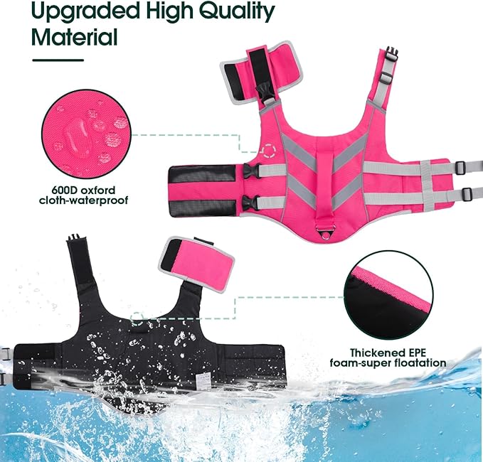 Kuoser Dog Life Jacket for Medium Dogs, Reflective Swimming Vest with High Flotation for Beach Boating, Pink L