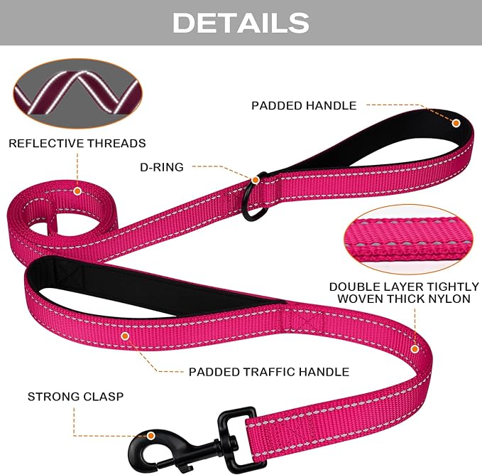 Joytale Dog Leash Heavy Duty for Large Dogs That Pull, Double Handle for Traffic Control, Double-Sided Reflective Leashes for Large Medium Dogs Night Safety, 4FT, Hot Pink