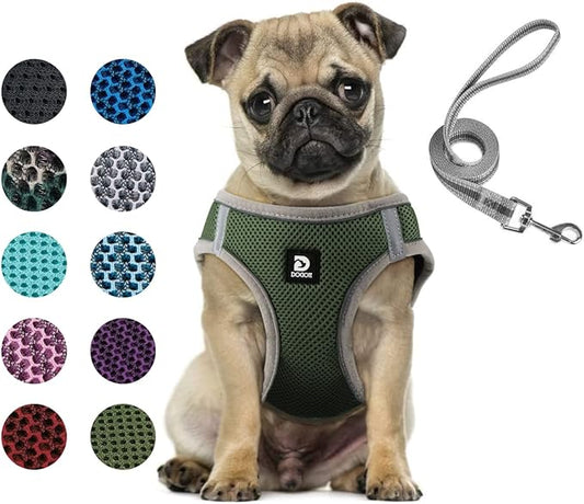 Dog and Cat Universal Harness with Leash - Cat Harness Escape Proof - Adjustable Reflective Step in Dog Harness for Small Dogs Medium Dogs - Soft Mesh Comfort Fit No Pull No Choke Tactical Green M