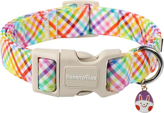 Lionet Paws Easter Dog Collar, Comfortable Adjustable Colorful Plaid Collar with Purple Rabbit for Medium Male Female Dogs Collars, Neck 13.5-22 inches