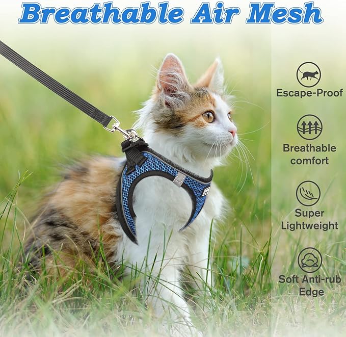 Cat Harness and Leash for Walking Escape Proof, Adjustable Kitten Vest Harness Reflective Soft Mesh Puppy Harness for Outdoor, Comfort Fit, Easy to Control (Blue, S)
