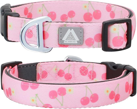 Girl Dog Collar, Pink Cute Cherry Print Reflective Padded Collar with Soft Neoprene, Adjustable Lightweight Pet Collar for Small Dogs, Puppies,Neck Size 9’’-14’’ (Cherry, S)