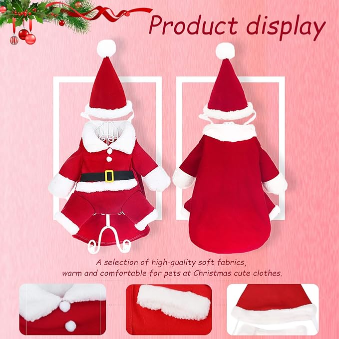 QETRABONE Santa Small Dog Costume Christmas Pet Outfits Red Christmas Santa Claus Hat Scarf Cosplay Dressing up Xmas Party Fashion New Year Clothing Accessories for Small Pet Cat Dog(Small, Santa)